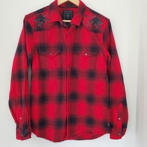 Western GUESS Sz S Red Black Plaid Snap Up Shirt Rose Embroidery Cowgirl Boho
